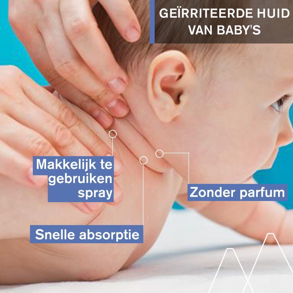Close-up van een baby. Tekst: Geïrriteerde huid van baby's. Makkelijk te gebruiken spray.