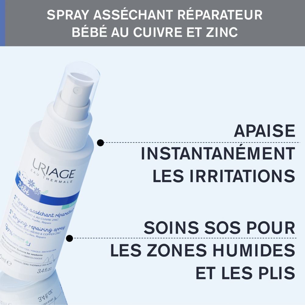 Spray asséchant réparateur Bébé au cuivre et zinc. Texte: Apaise instantanément les irritations.