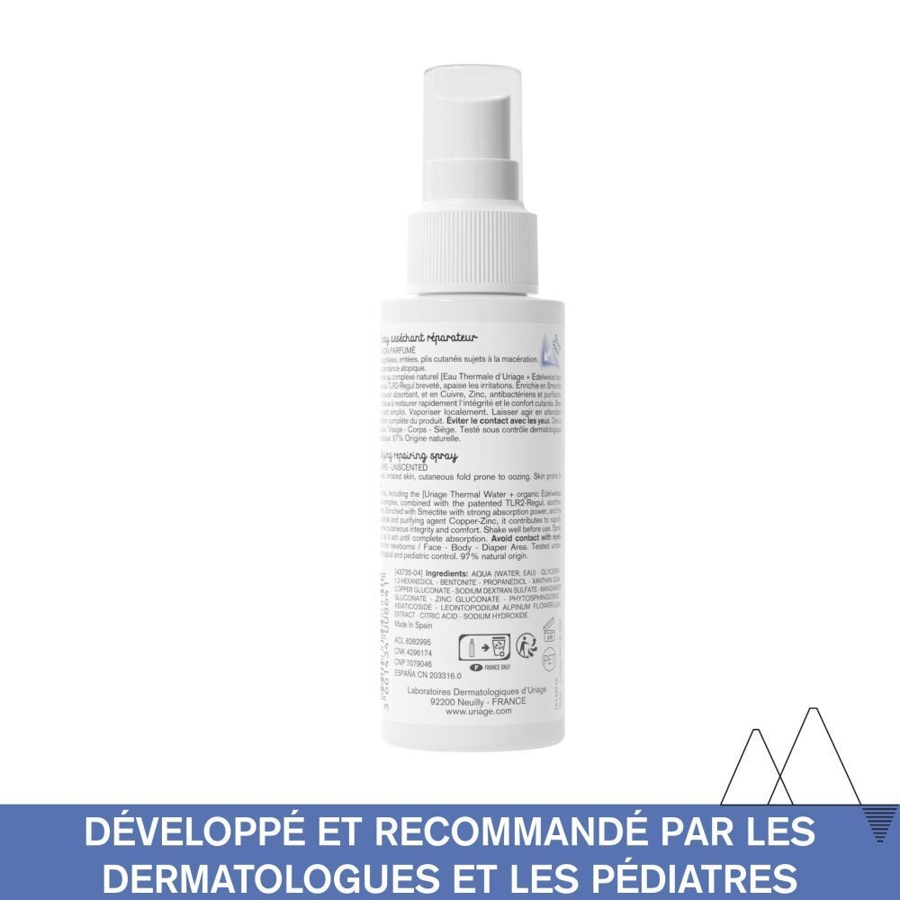 Spray blanc avec bouchon. Dos avec texte et ingrédients. 100ml.