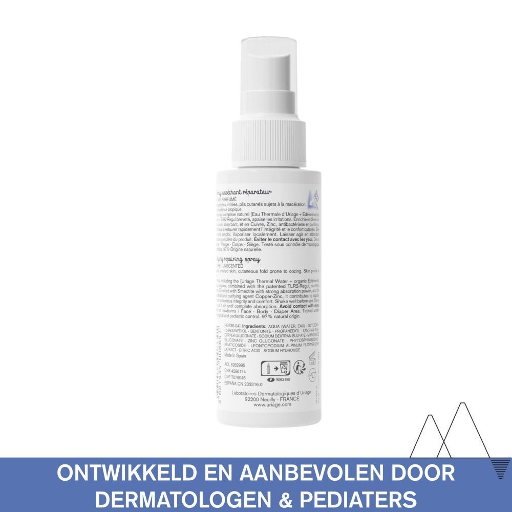 Witte spray met sproeikop. Achterkant met tekst en ingrediënten. 100ml.