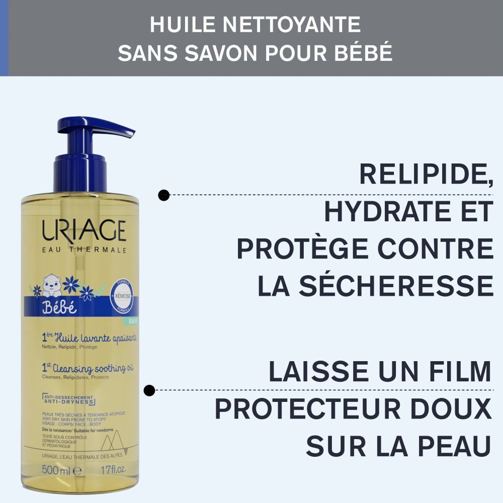 Uriage Bébé 1ère Huile lavante. Texte avec avantages: protège de la sécheresse, laisse un film protecteur. Flacon.