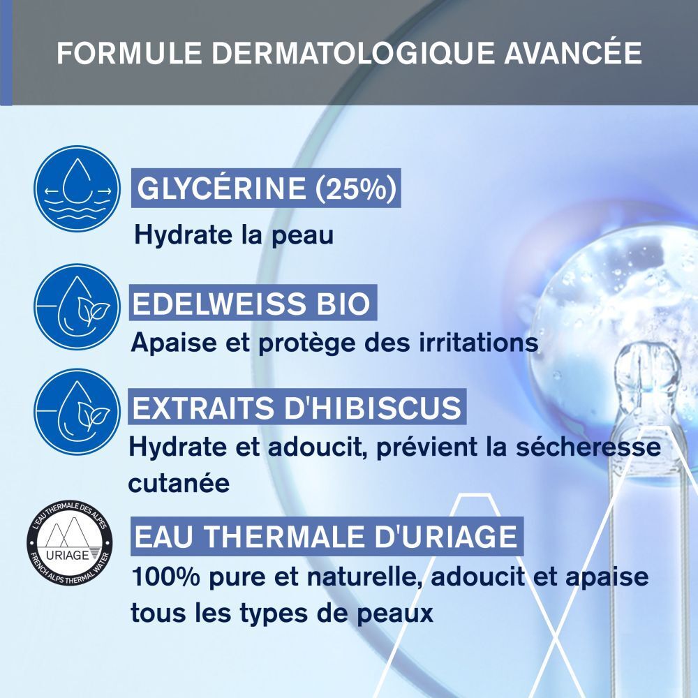 Uriage Bébé 1ère Huile lavante. Texte avec ingrédients: glycérine, edelweiss, hibiscus, eau thermale Uriage.