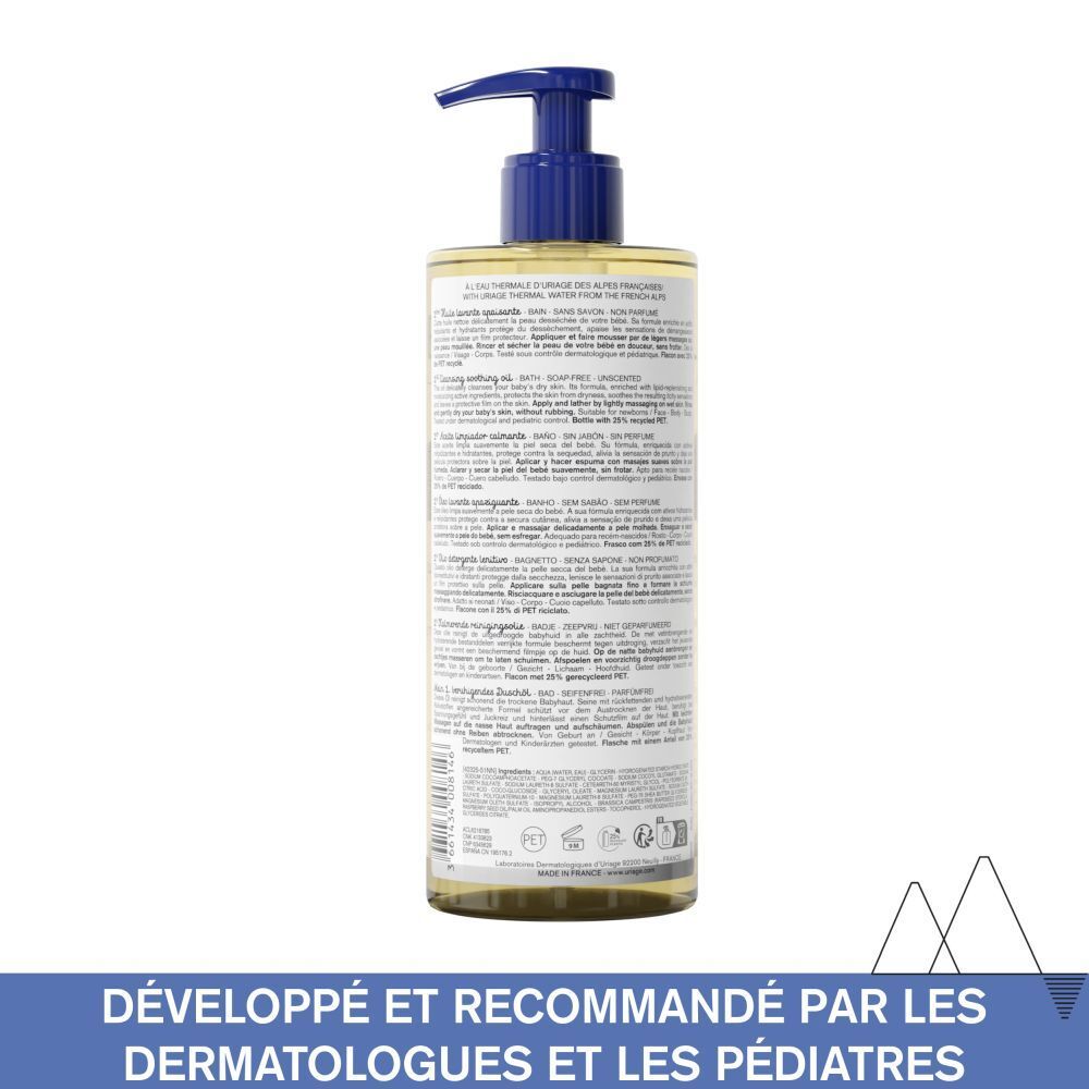 Dos de Uriage Bébé 1ère Huile lavante. Texte. Développé et recommandé par dermatologues et pédiatres.