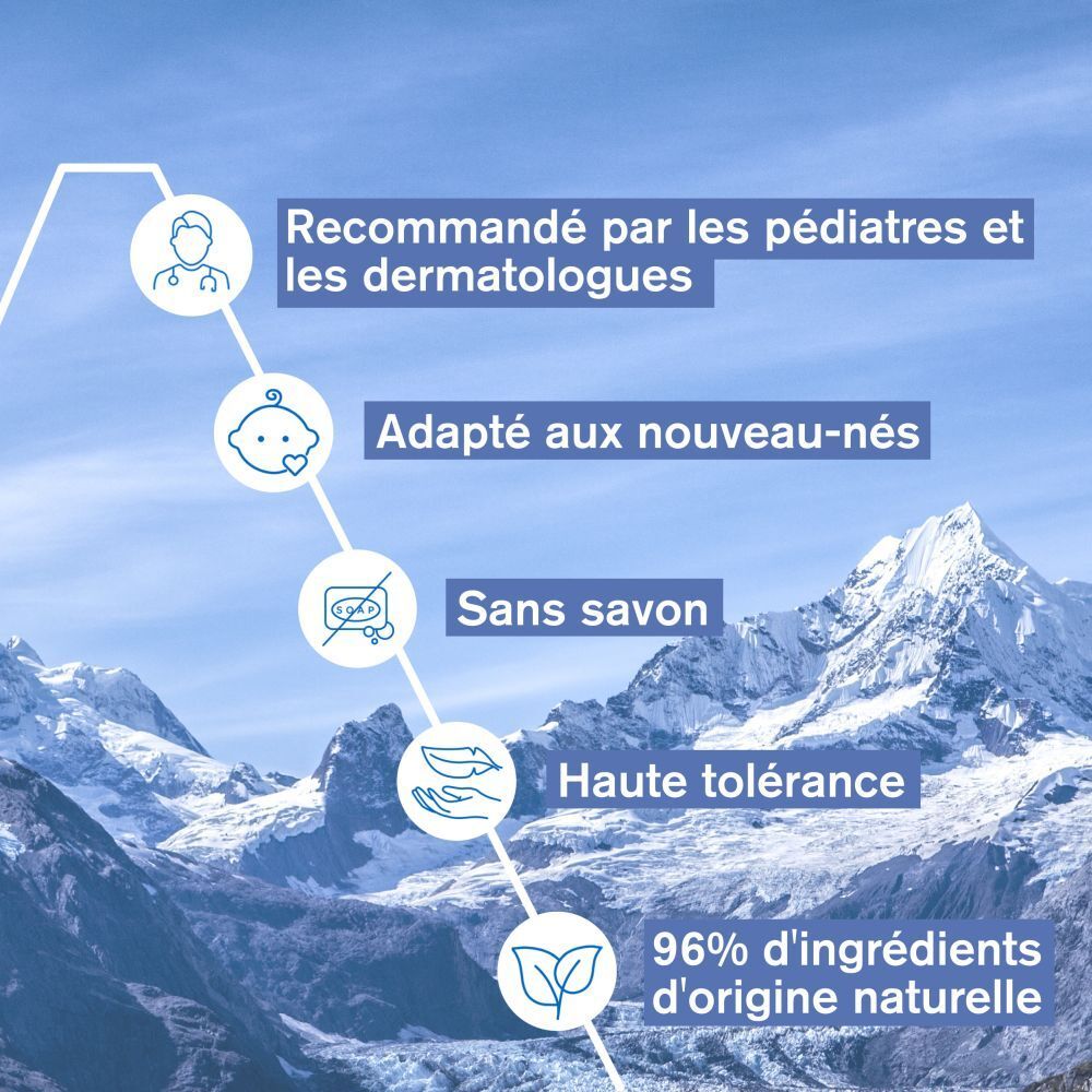 Uriage Bébé 1ère Huile lavante. Texte avec avantages: pour nouveau-nés, sans savon, haute tolérance, 96% naturel.