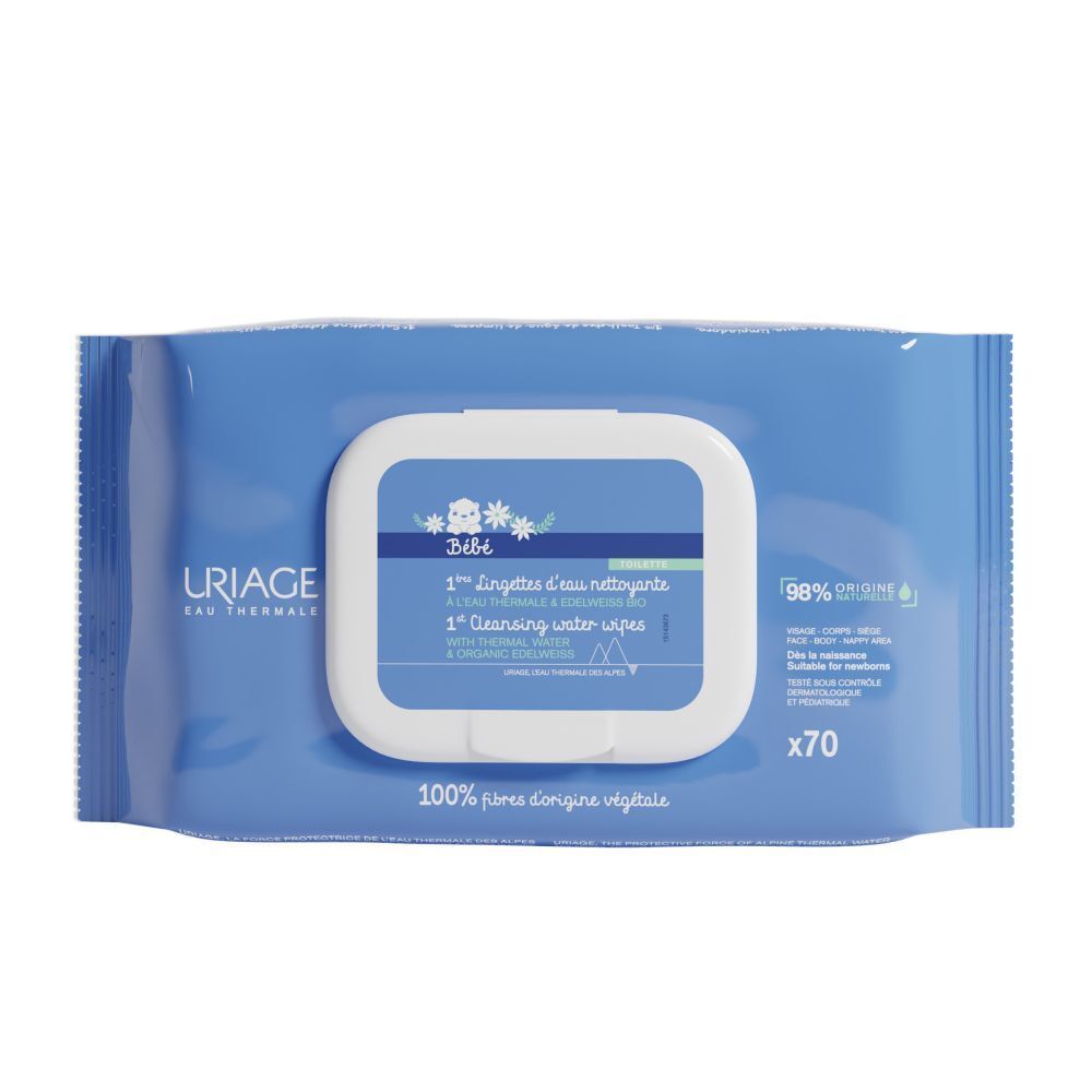 Paquet bleu de lingettes. Couvercle blanc. Texte: Uriage, Bébé, 100% d'origine végétale, 70 lingettes.