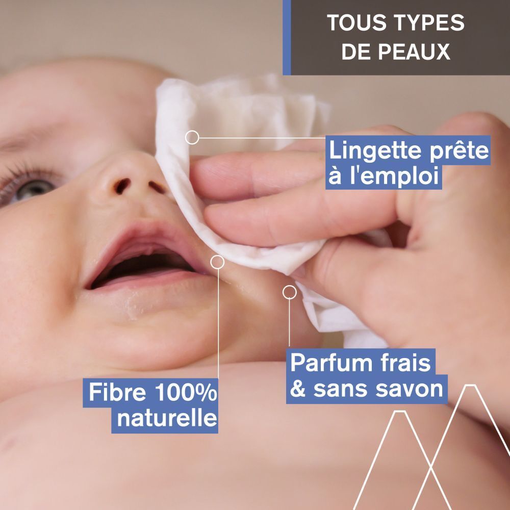 Visage de bébé essuyé avec une lingette. Texte: Fibre 100% naturelle, parfum frais, sans savon.
