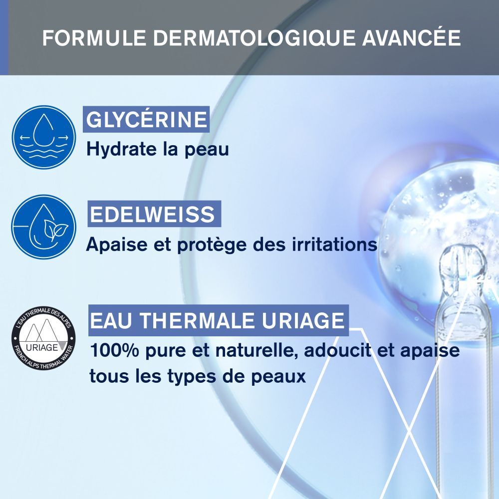 Graphique avec ingrédients: Glycérine, Edelweiss, Eau Thermale Uriage. Texte: Formule dermatologique.