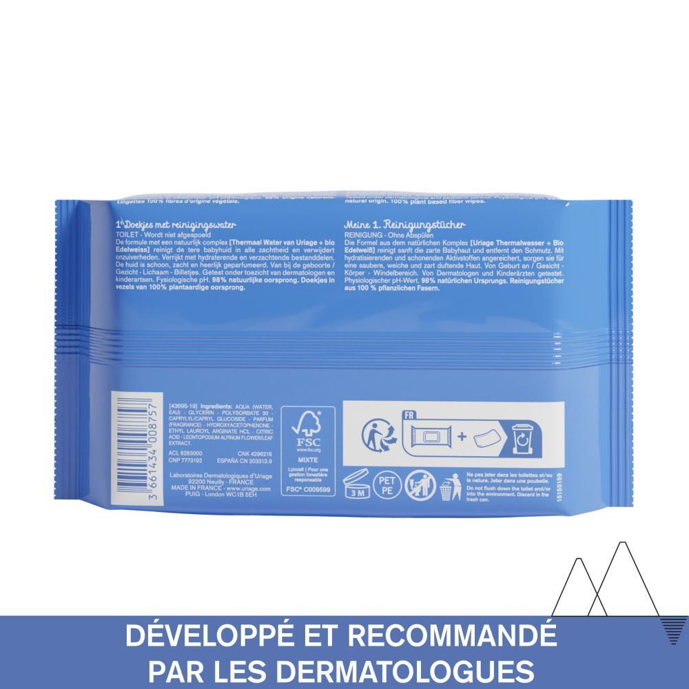 Dos du paquet de lingettes. Texte: Développé et recommandé par les dermatologues. Certification FSC.