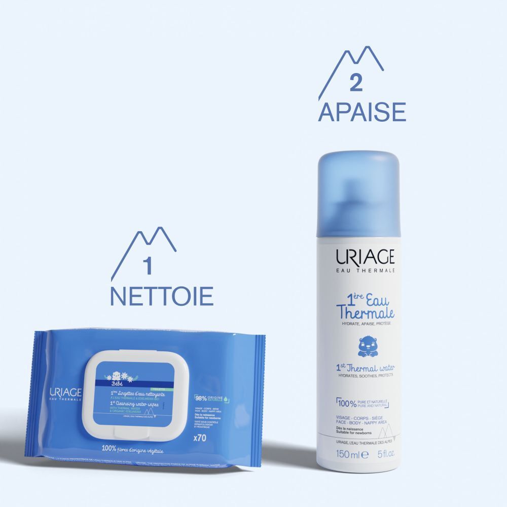 Graphique avec lingettes et spray d'eau thermale. Texte: Nettoie, apaise. Uriage.