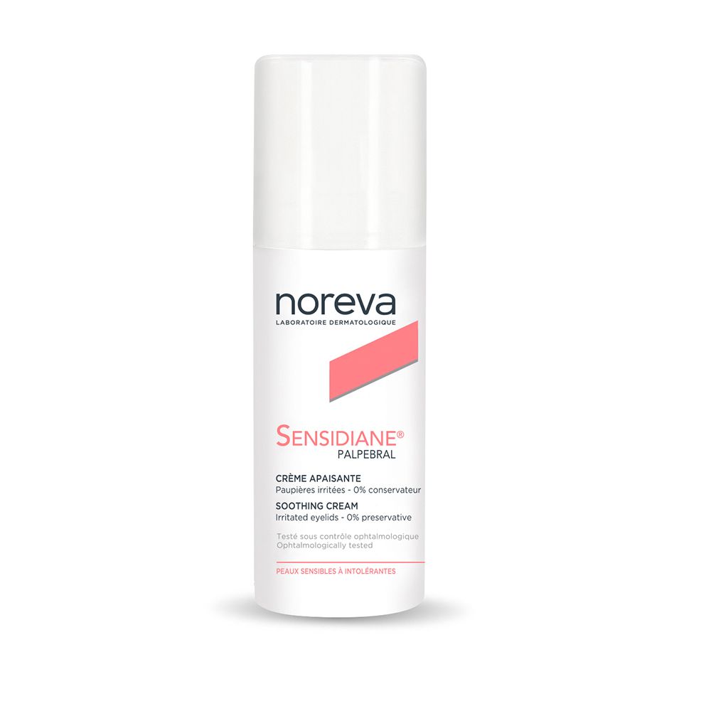 Tube blanc avec bouchon. Inscription: noreva, Sensidiane Palpebral, Crème apaisante, Soothing Cream. Accent rose.