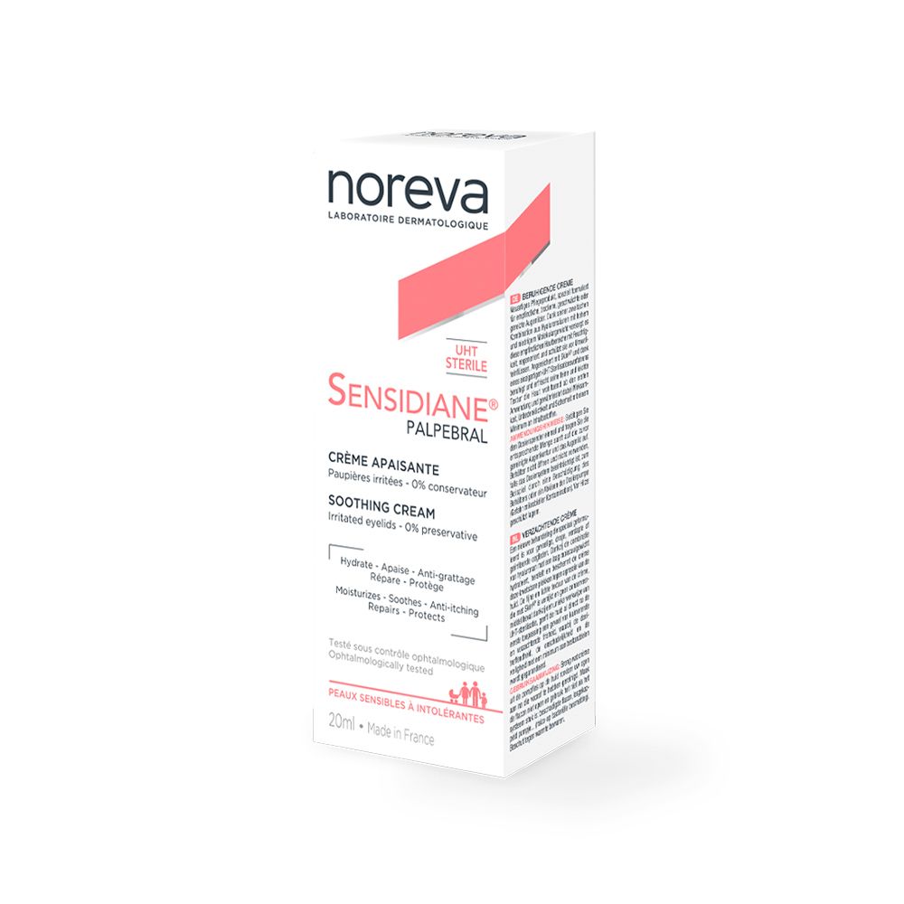 Boîte blanche avec tube. Inscription: noreva, Sensidiane Palpebral, Crème apaisante, Soothing Cream. Accent rose.