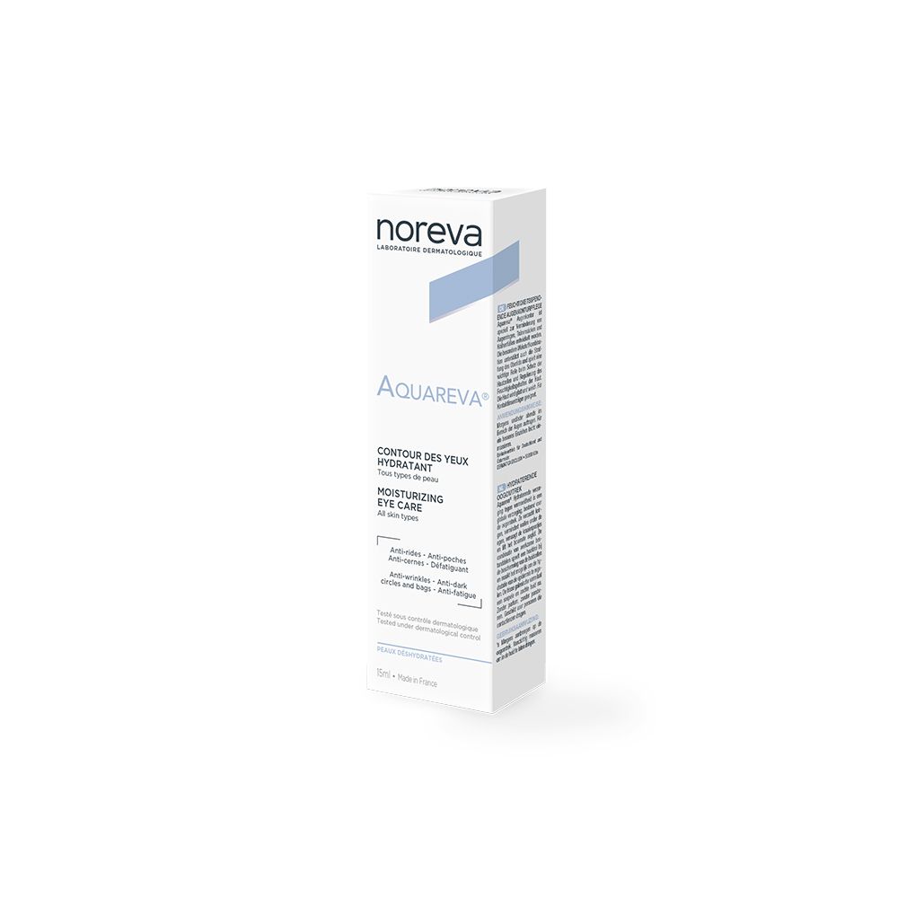 Witte verpakking. Opschrift: Noreva, Aquareva, Contour des Yeux Hydratant, Moisturizing Eye Care. Tekst op de zijkant.