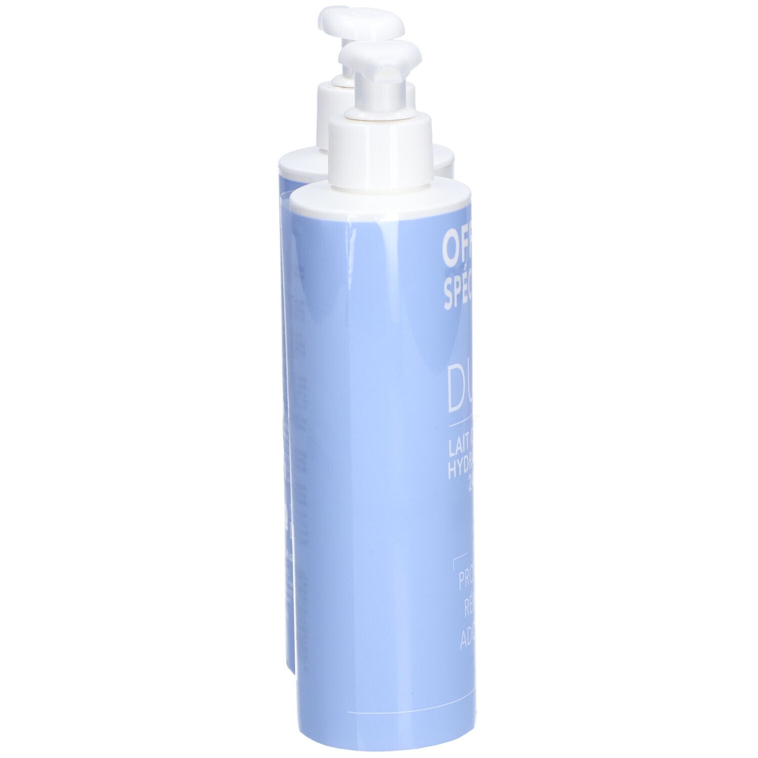 Twee flessen bodylotion naast elkaar. Blauwe fles met witte pomp.