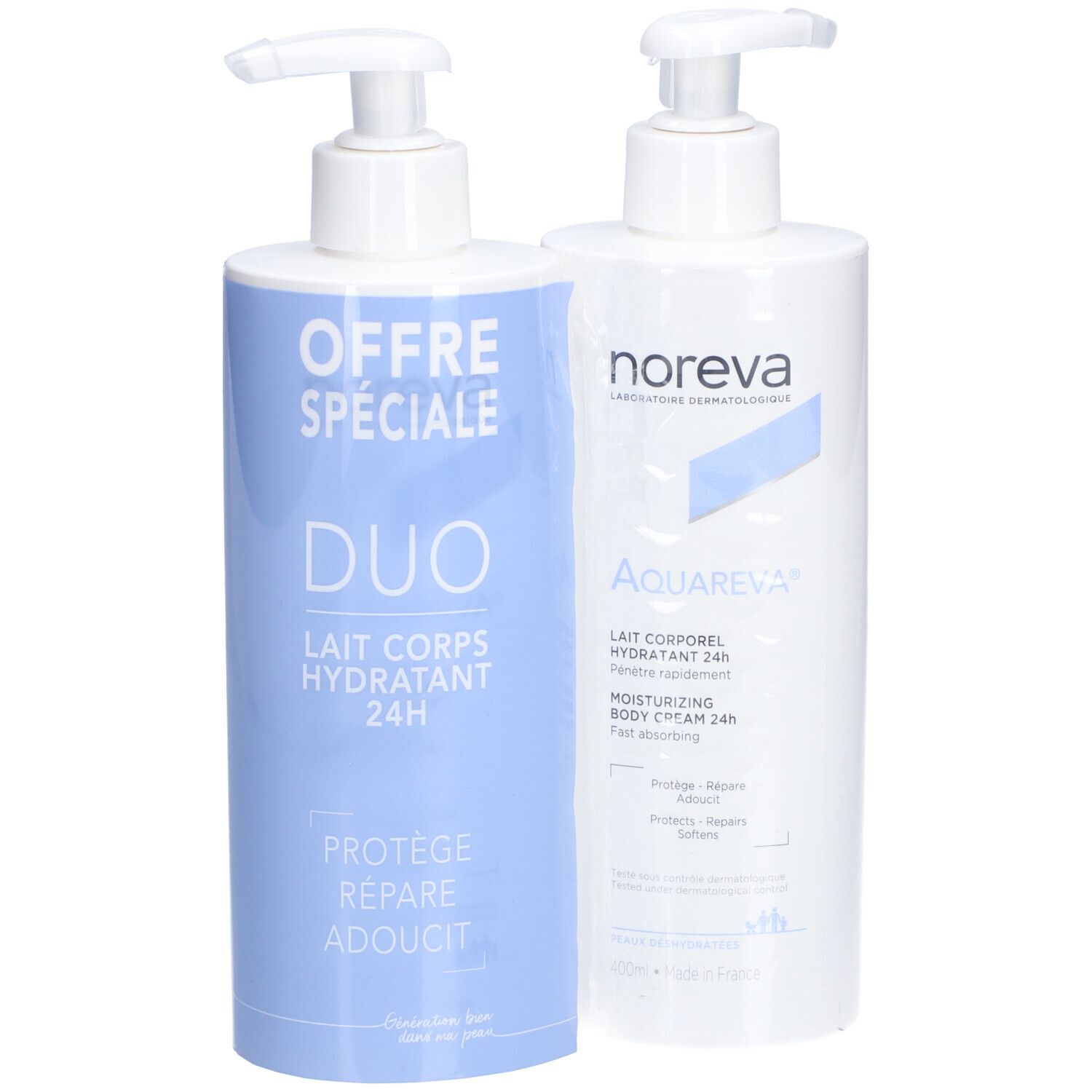 Twee flessen bodylotion met pomp. Eén fles heeft blauwe belettering, de andere witte belettering.