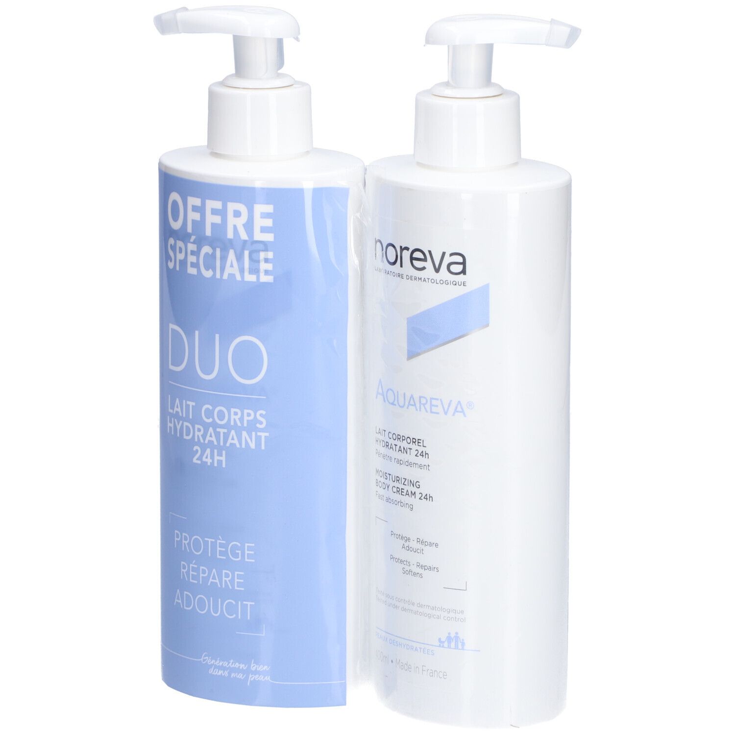 Twee flessen bodylotion naast elkaar. Eén fles heeft blauwe belettering, de andere witte belettering.