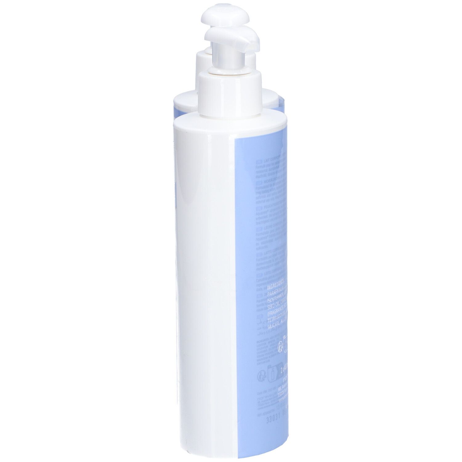 Twee flessen bodylotion naast elkaar. Blauwe fles met witte pomp.