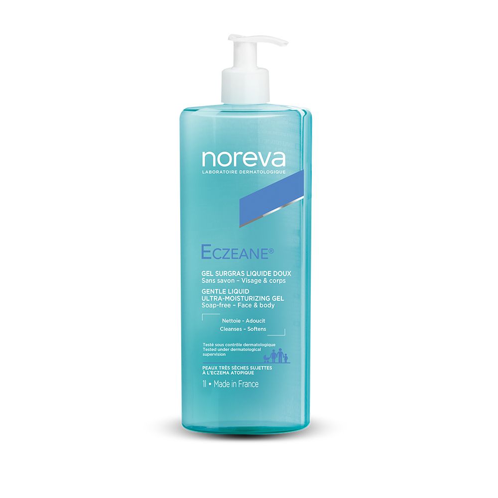 Turquoise fles met pomp. Opschrift: noreva, Eczane, GEL SURGRAS LIQUIDE DOUX. Franse tekst. Made in France.