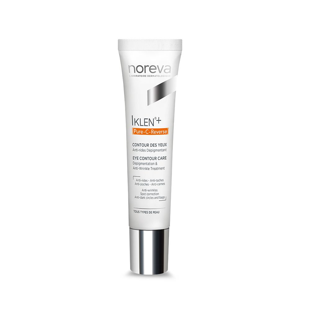 Witte tube met zilveren dop. Opschrift: IKLEN+ Pure-C-Reverse, Contour des Yeux, Eye Contour Care.