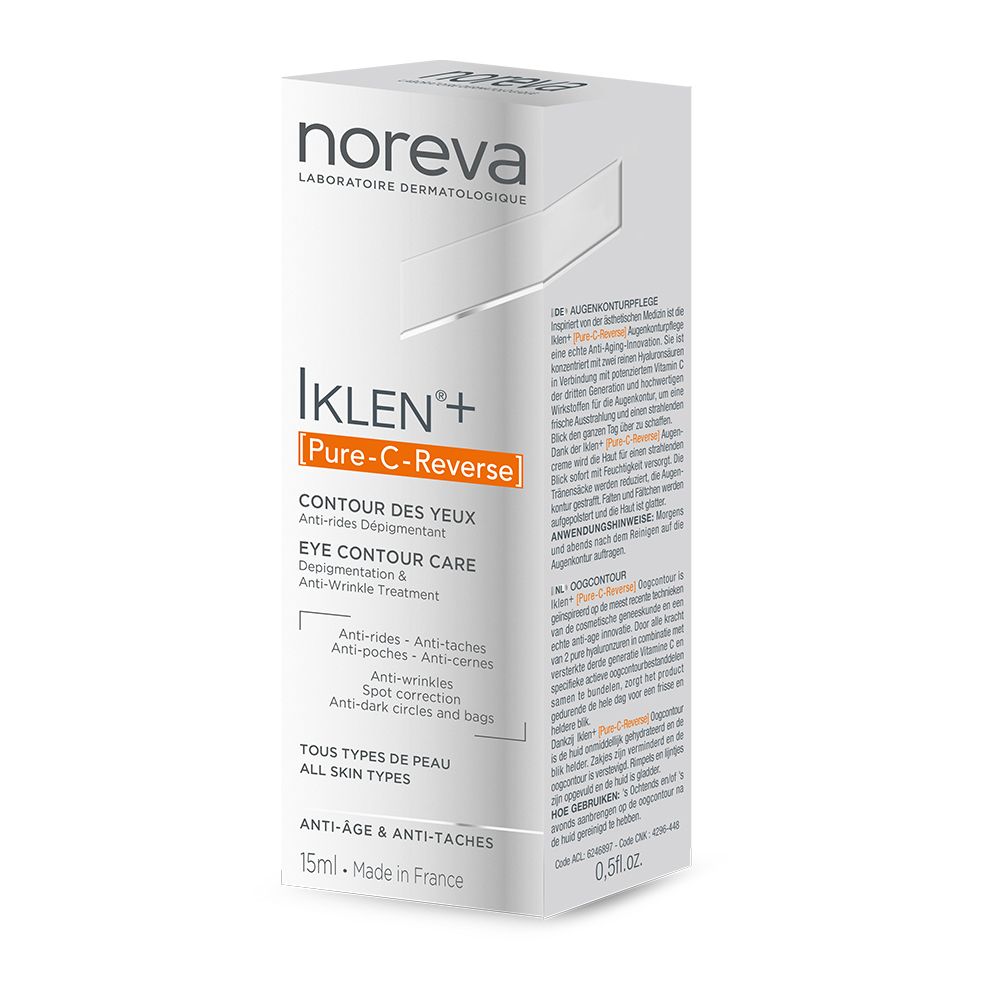 Kartonnen verpakking. Opschrift: IKLEN+ Pure-C-Reverse, Contour des Yeux, Eye Contour Care. Tekst in het Nederlands.