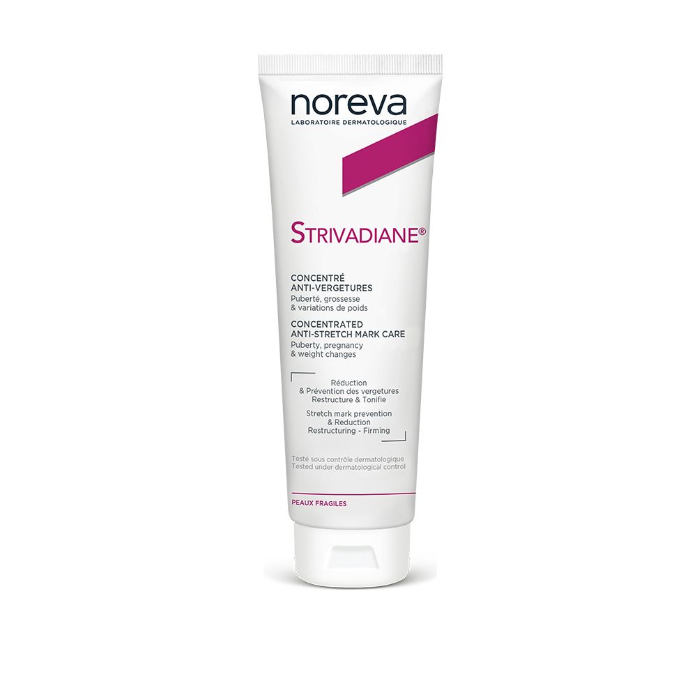 Witte tube met Strivadiane®. Opschrift: Concentré Anti-Vergetures. Merk: Noreva.