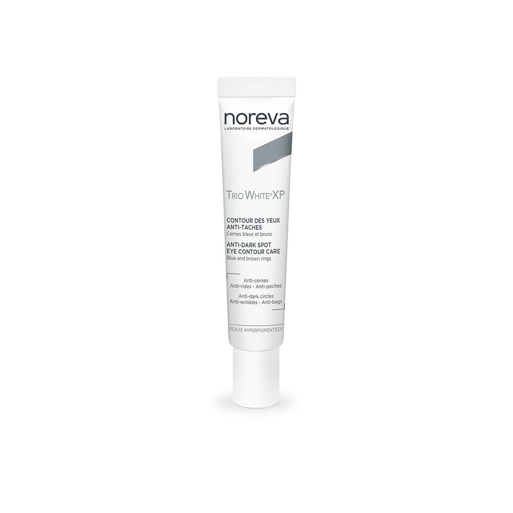 Witte tube met tekst. Productnaam: Trio White XP. Tekst: Contour des yeux anti-taches. Anti-Dark Spot Eye Contour Care.