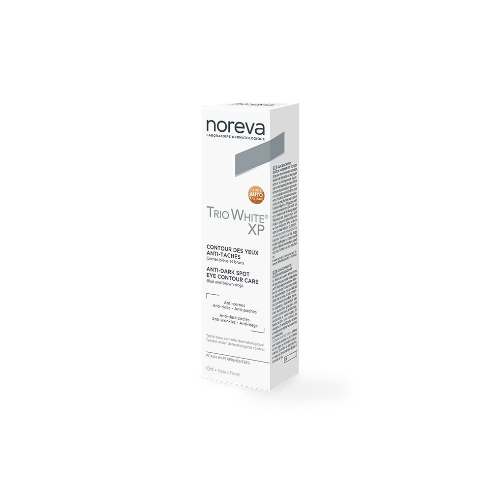 Witte verpakking met tekst. Productnaam: Trio White XP. Tekst: Contour des yeux anti-taches. Anti-Dark Spot Eye Contour Care.