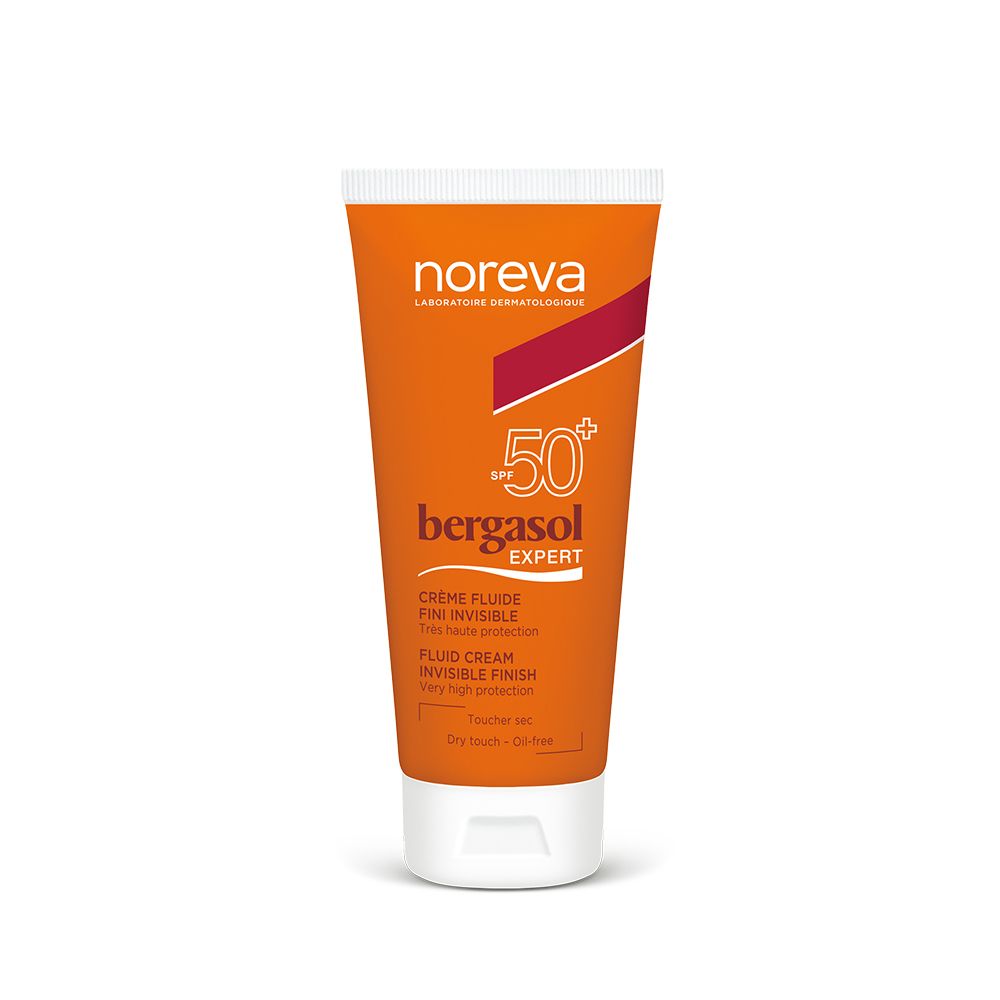 Oranje tube met witte dop. Opschrift: Noreva, bergasol expert SPF 50+. Crème fluide fini invisible.