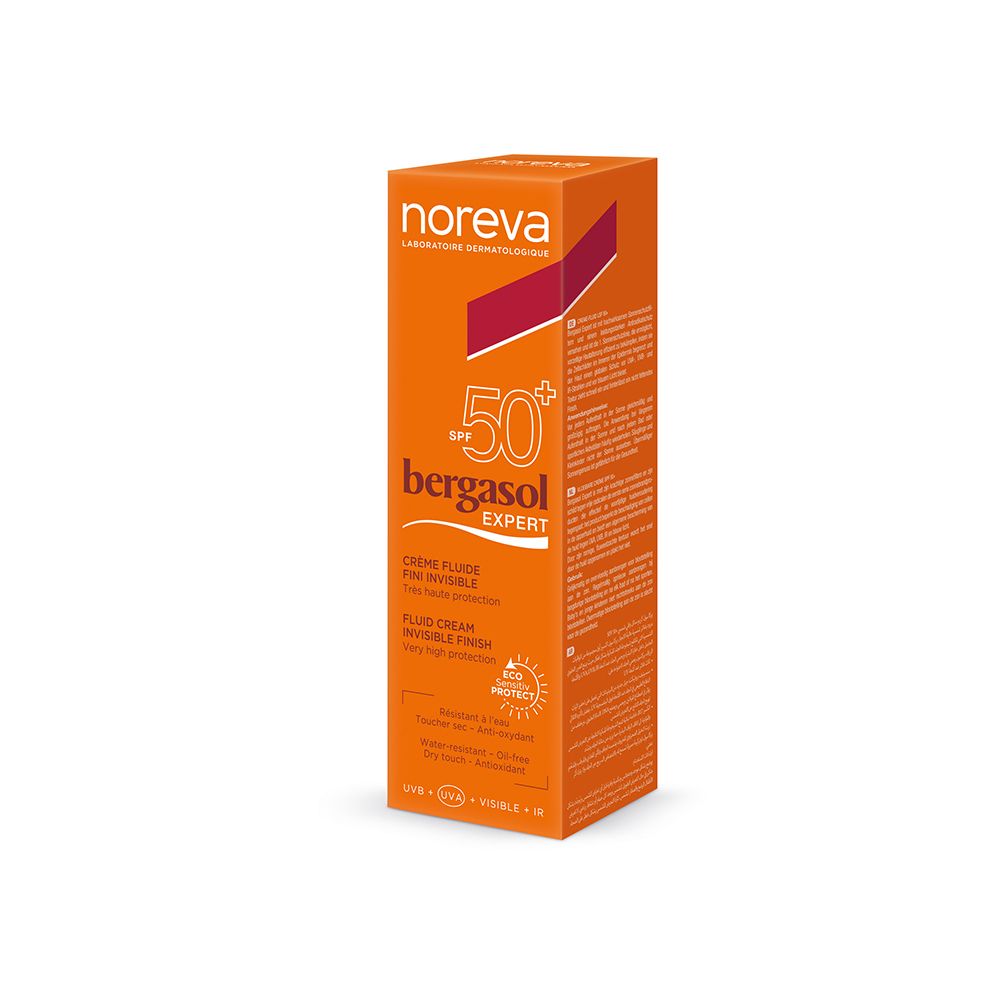 Oranje verpakking. Opschrift: Noreva, bergasol expert SPF 50+. Crème fluide fini invisible. Tekst op de zijkanten.