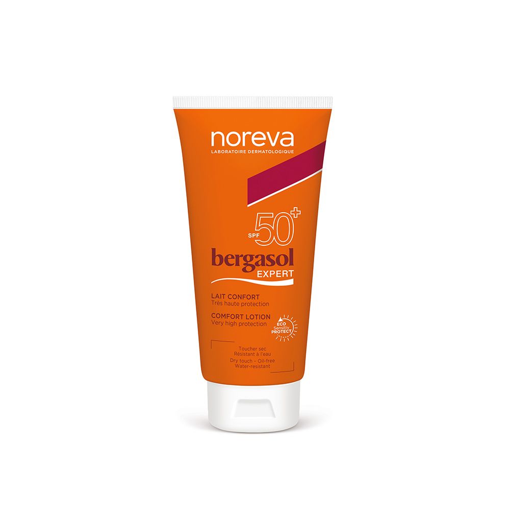 Tube orange et blanche. Texte: Noreva, bergasol expert, SPF 50+, Comfort Lotion. Protection solaire.