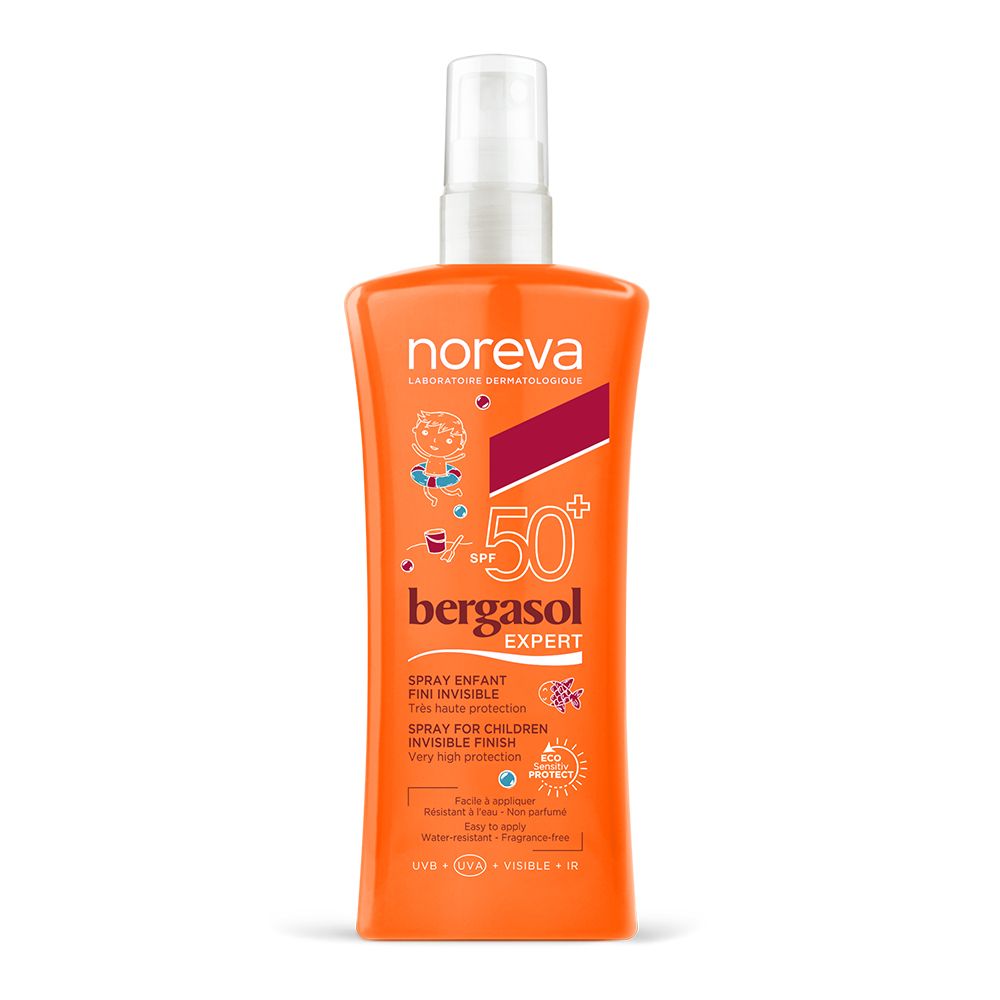 Spray solaire orange pour enfants. FPS 50+. Avec tête de pulvérisation blanche. Texte: noreva, bergasol EXPERT.