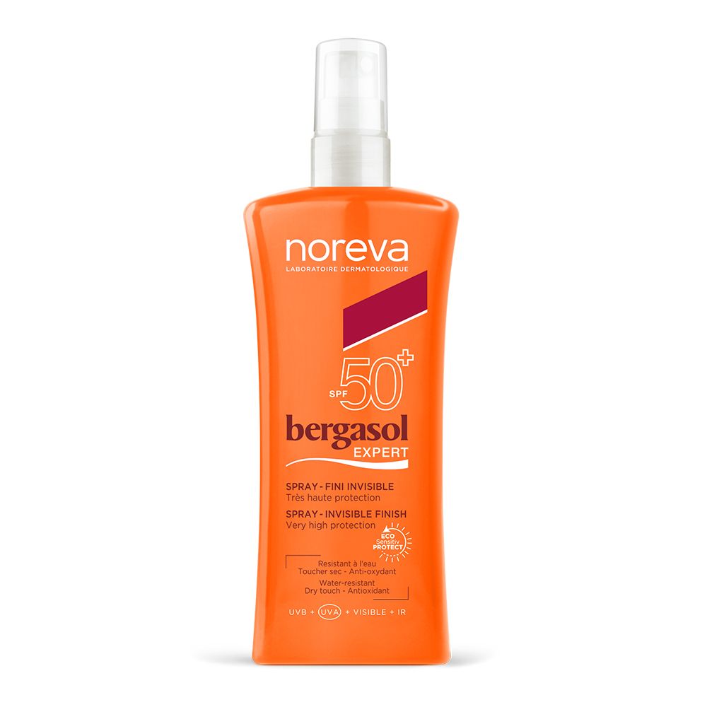 Oranje fles met witte spraykop. Opschrift: Noreva, bergasol expert SPF 50+. Zeer hoge bescherming tegen de zon.