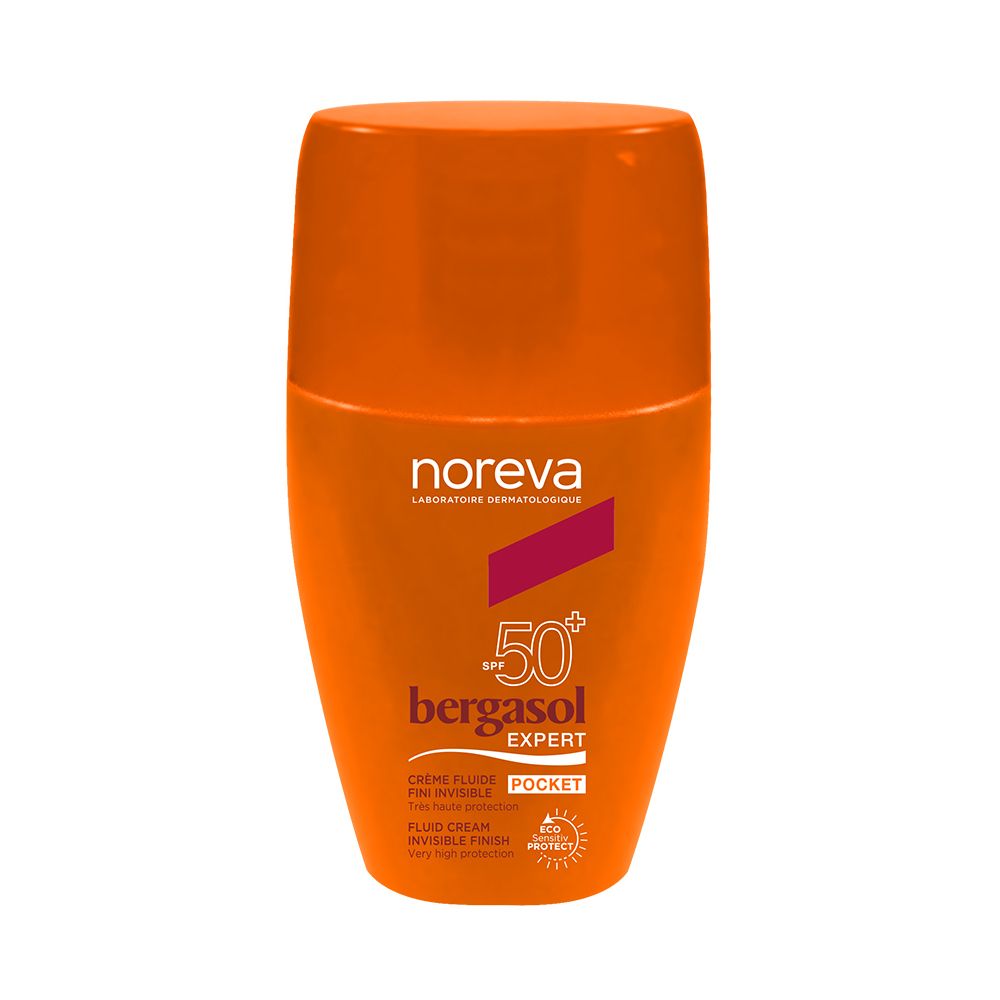 Oranje flesje zonnecrème. Merk Noreva, product bergasol expert, SPF 50+. Pocket formaat.