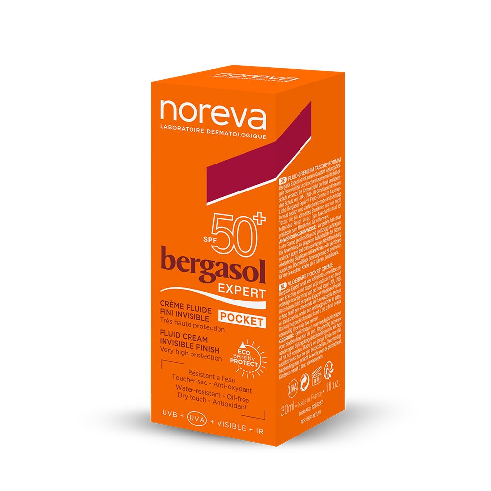 Oranje verpakking zonnecrème. Merk Noreva, product bergasol expert, SPF 50+. Pocket formaat.