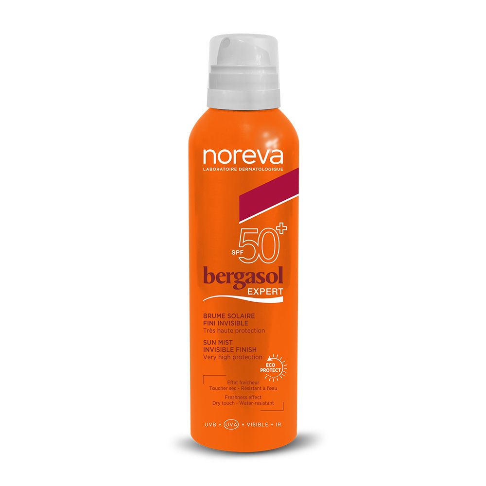 Flacon spray orange avec bouchon blanc. Inscriptions: Noreva, SPF 50+, bergasol expert. Protection solaire.