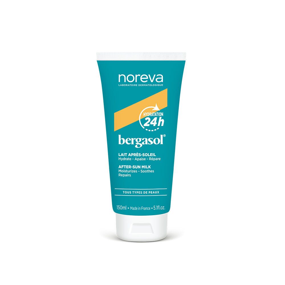 Tube turquoise et vert avec bouchon blanc. Inscription : noreva, bergasol, Lait après-soleil. Tous types de peaux.