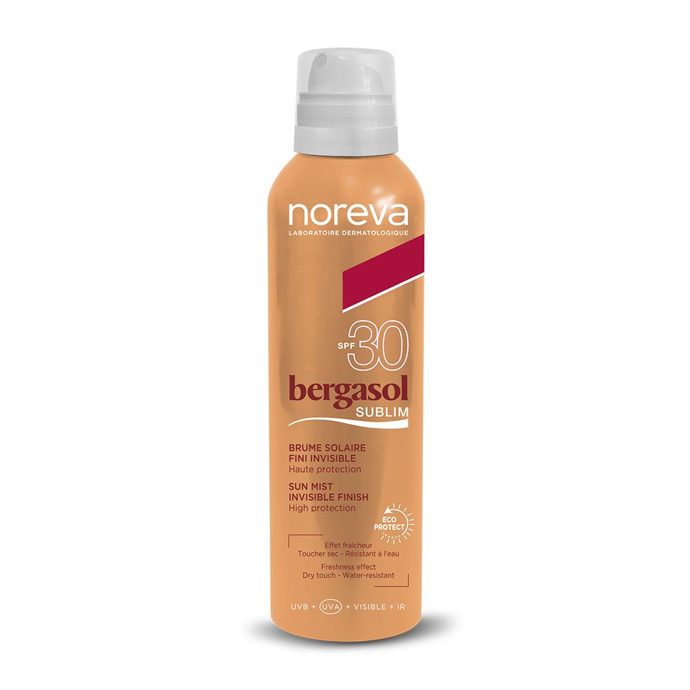 Zonnesprayfles Noreva bergasol sublim Invisible Finish SPF 30. SPF 30, onzichtbare mist, hoge bescherming.