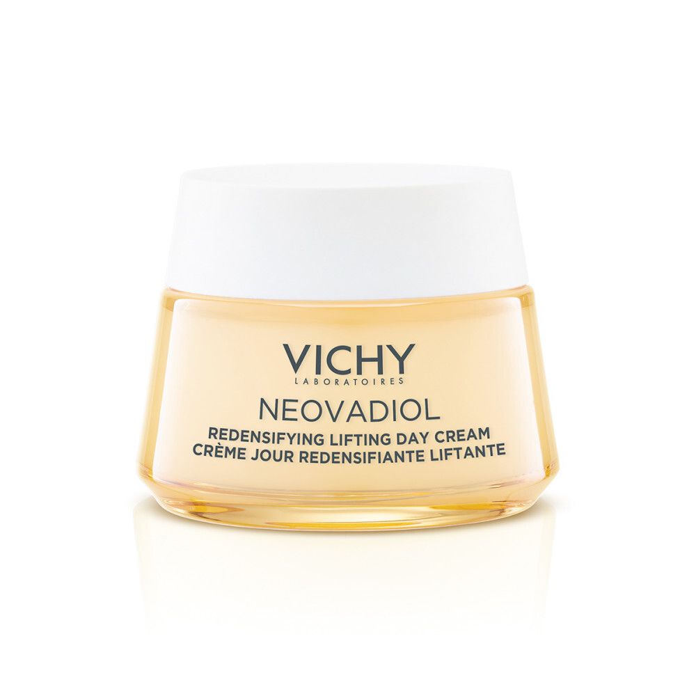 Crèmepot met witte deksel. Opschrift: Vichy, Neovadiol, Crème Jour Redensifiante Liftante.