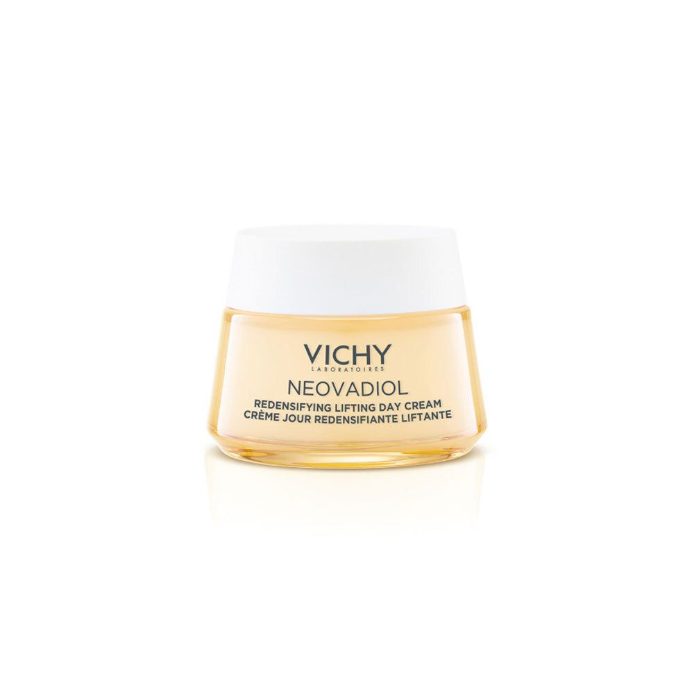 Crèmepot met witte deksel. Opschrift: Vichy, Neovadiol, Redensifying Lifting Day Cream.