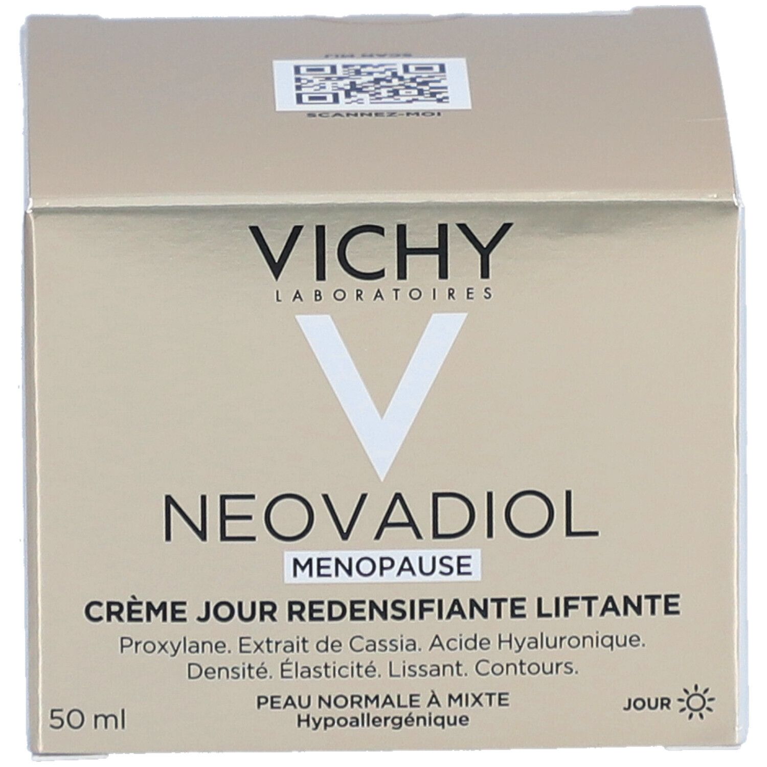 Verpakking van de crème. Opschrift: Vichy, Neovadiol, Crème Jour Redensifiante Liftante. 50 ml.