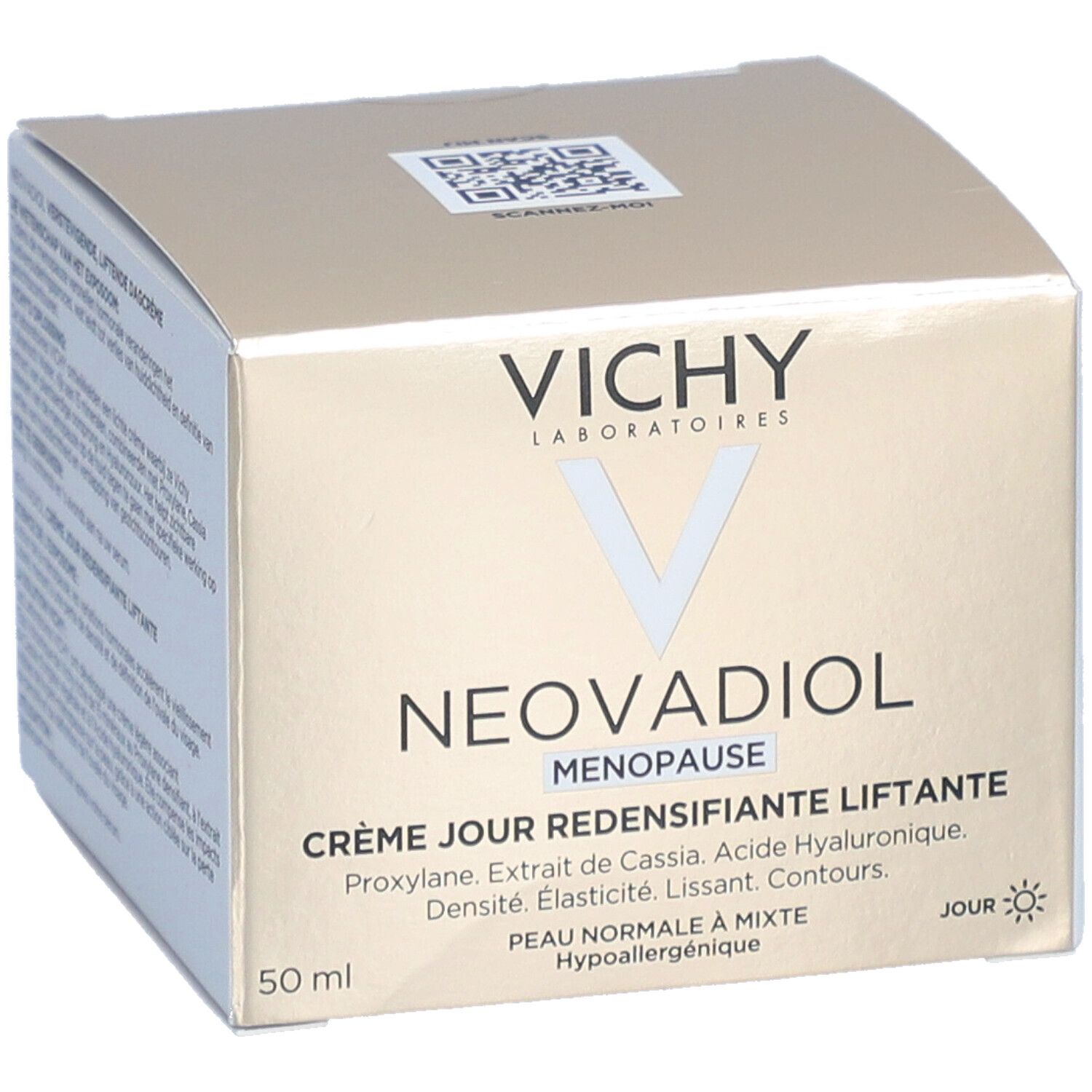 Verpakking van de crème. Opschrift: Vichy, Neovadiol, Crème Jour Redensifiante Liftante. 50 ml.