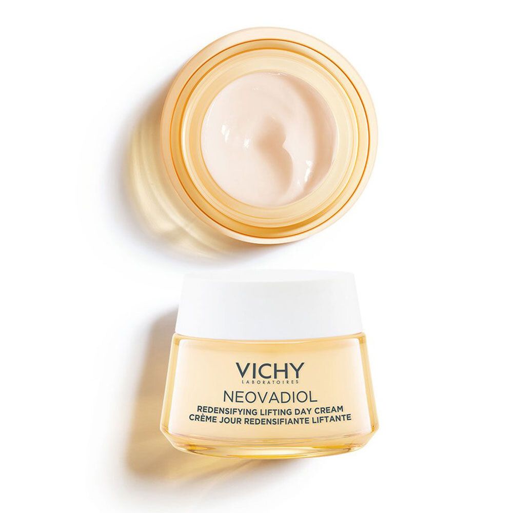 Crèmepot open, crème zichtbaar. Opschrift: Vichy, Neovadiol, Redensifying Lifting Day Cream.
