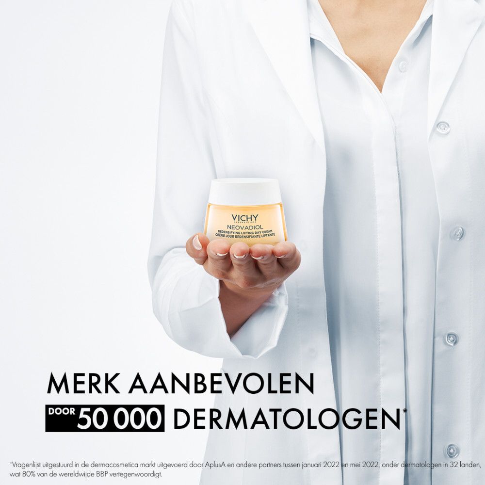 Verpakking van de crème. Opschrift: Vichy, Neovadiol, Crème Jour Redensifiante Liftante. 50 ml.