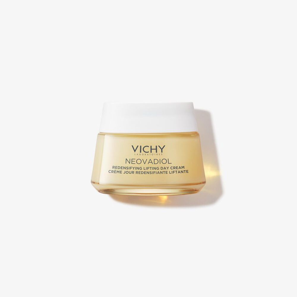 Crèmepot met witte deksel. Opschrift: Vichy, Neovadiol, Redensifying Lifting Day Cream.