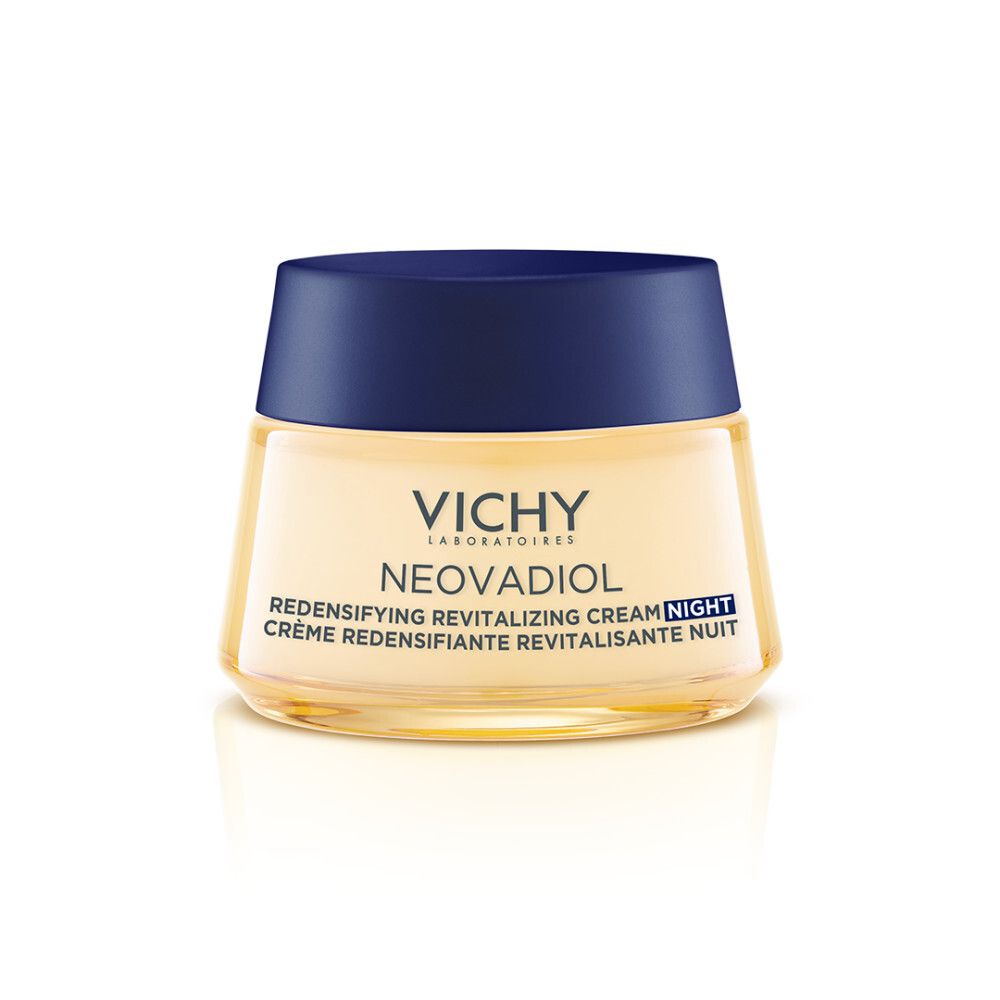 Crèmepot met blauw deksel. Opschrift: Vichy, Neovadiol, Crème Nuit.