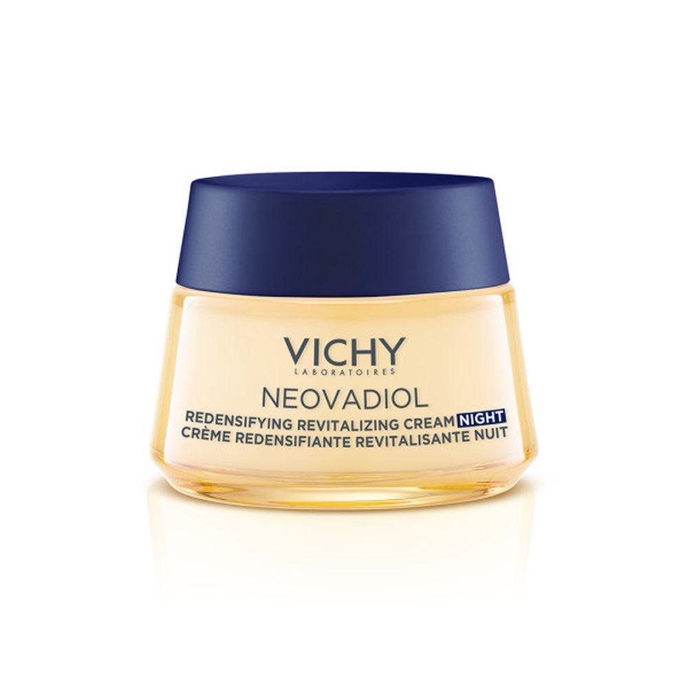 Crèmepot met blauw deksel. Opschrift: Vichy, Neovadiol, Redensifying Revitalizing Cream Night.