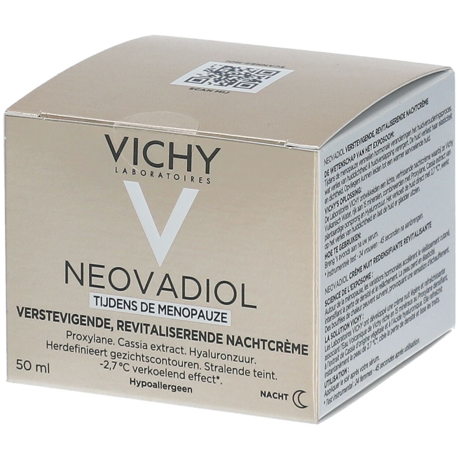 Verpakking met Vichy Neovadiol. Tekst in het Nederlands. 50 ml. QR-code.