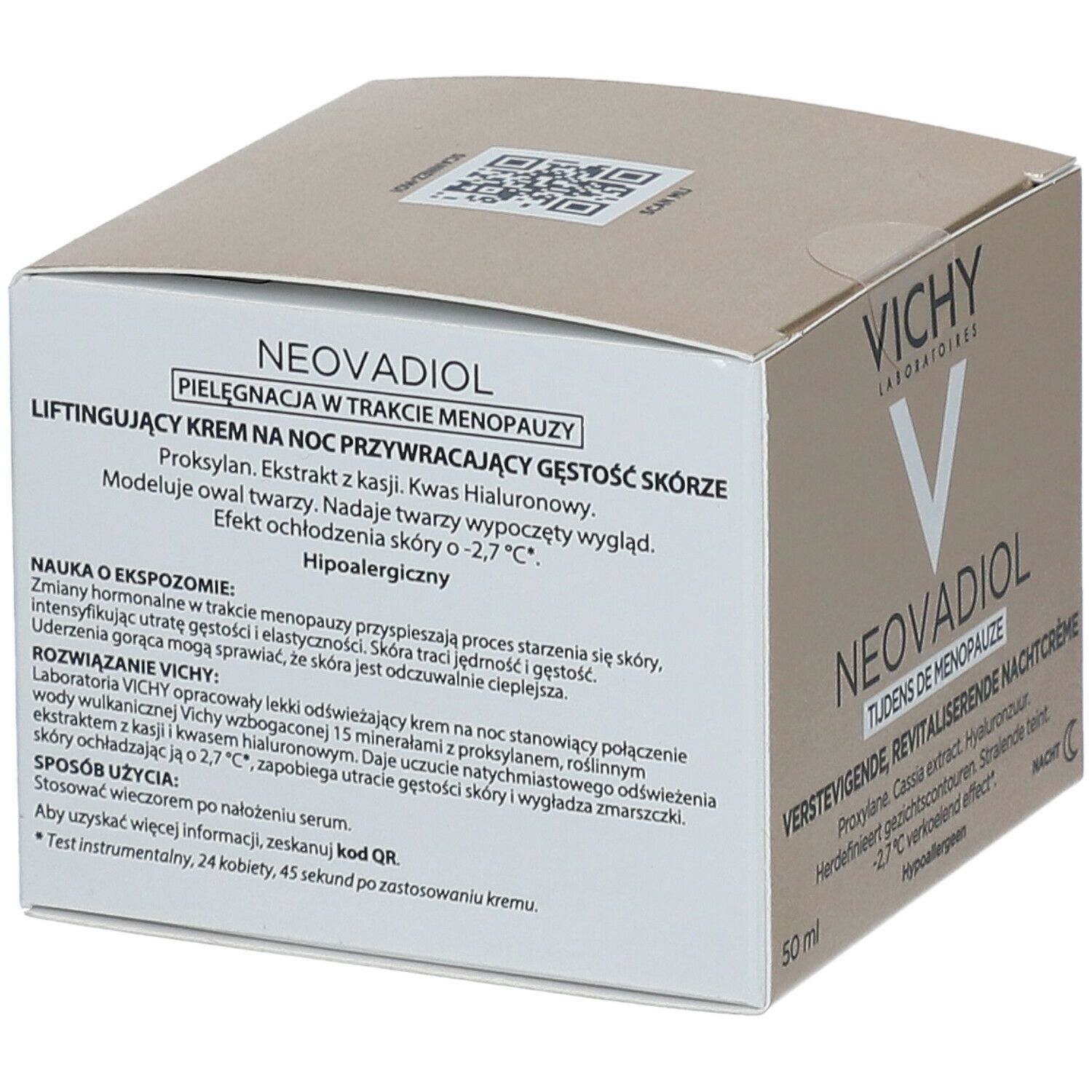 Verpakking met Vichy Neovadiol. Tekst in het Pools. 50 ml. QR-code.