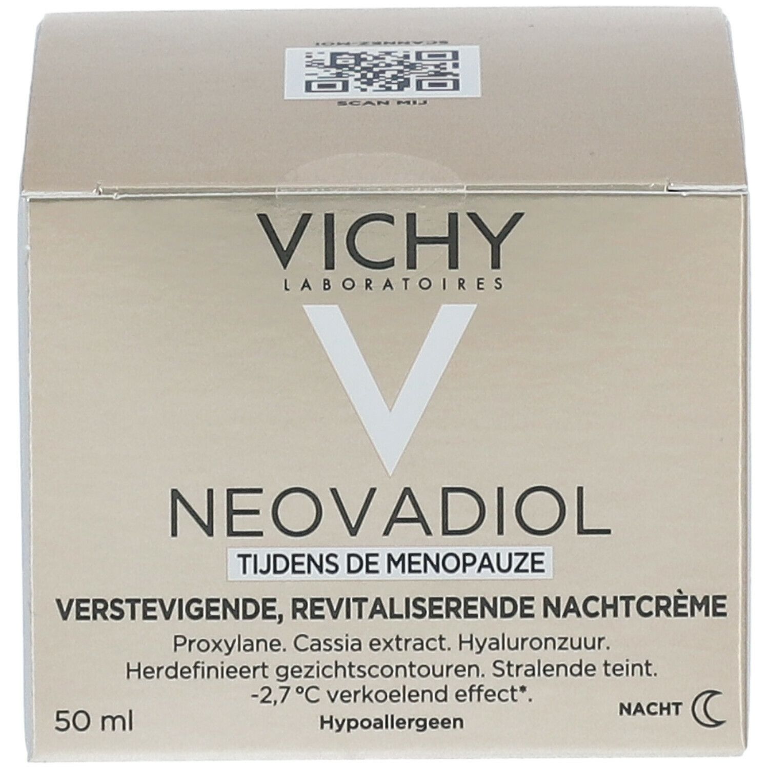 Verpakking met Vichy Neovadiol. Tekst in het Nederlands. 50 ml. QR-code.