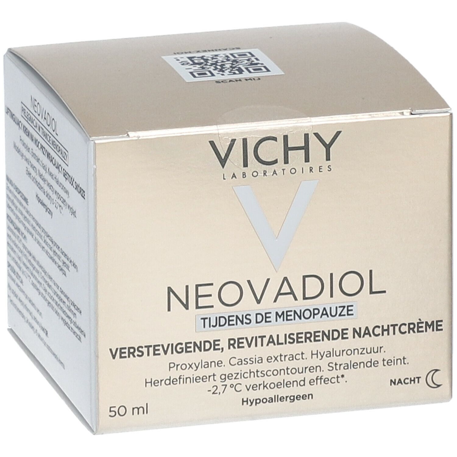 Verpakking met Vichy Neovadiol. Tekst in het Nederlands. 50 ml. QR-code.