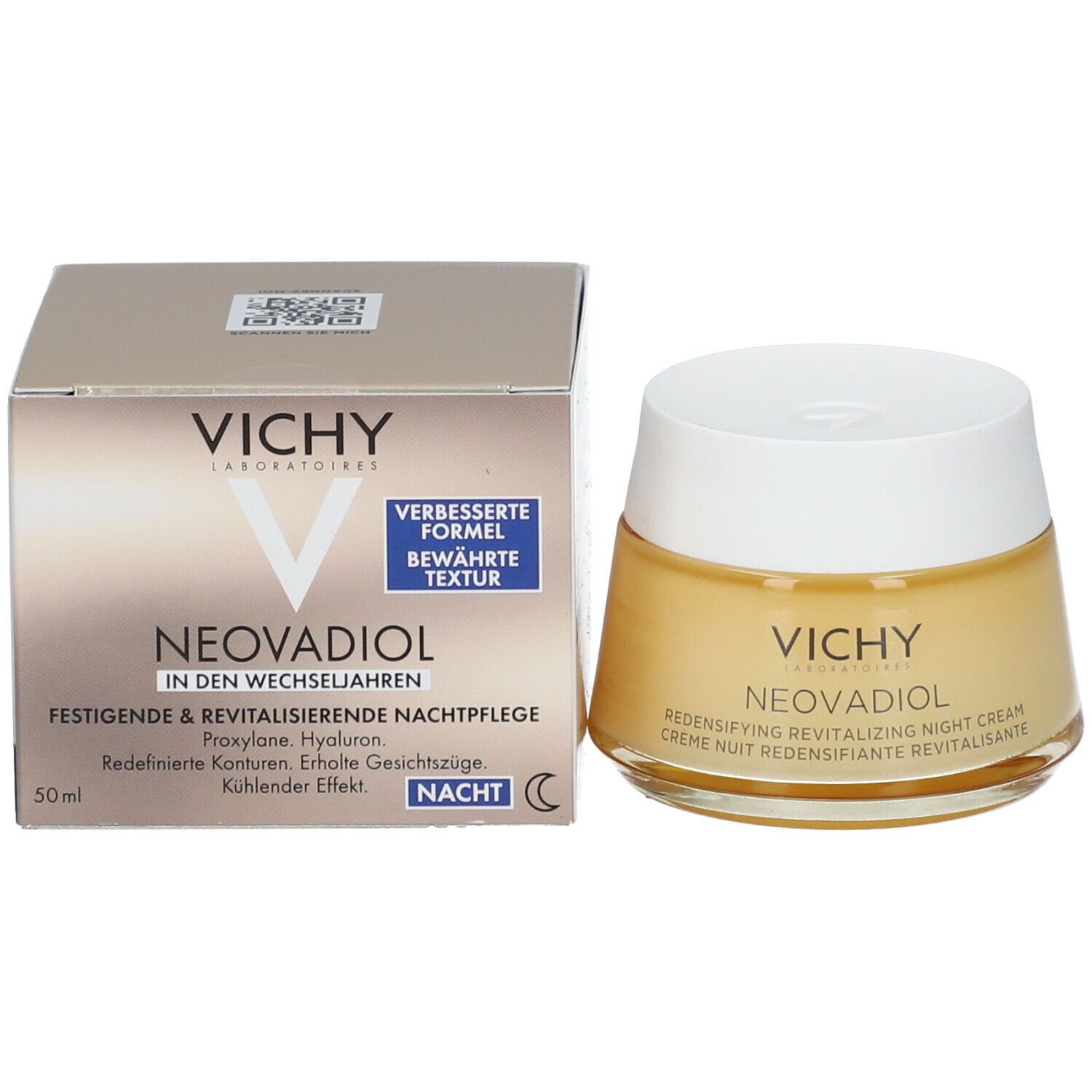 Vichy Neovadiol nachtverzorging verpakking en pot. 50 ml. QR-code.
